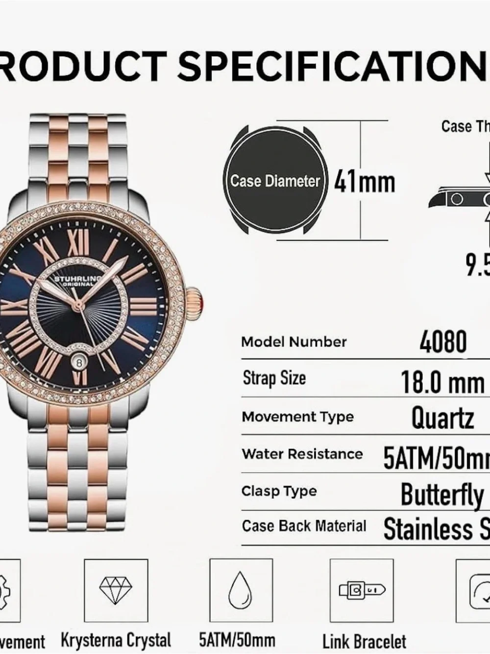 Stuhrling Original Women's Rose Gold & Silver Crystal Accent Watch - Navy Dial